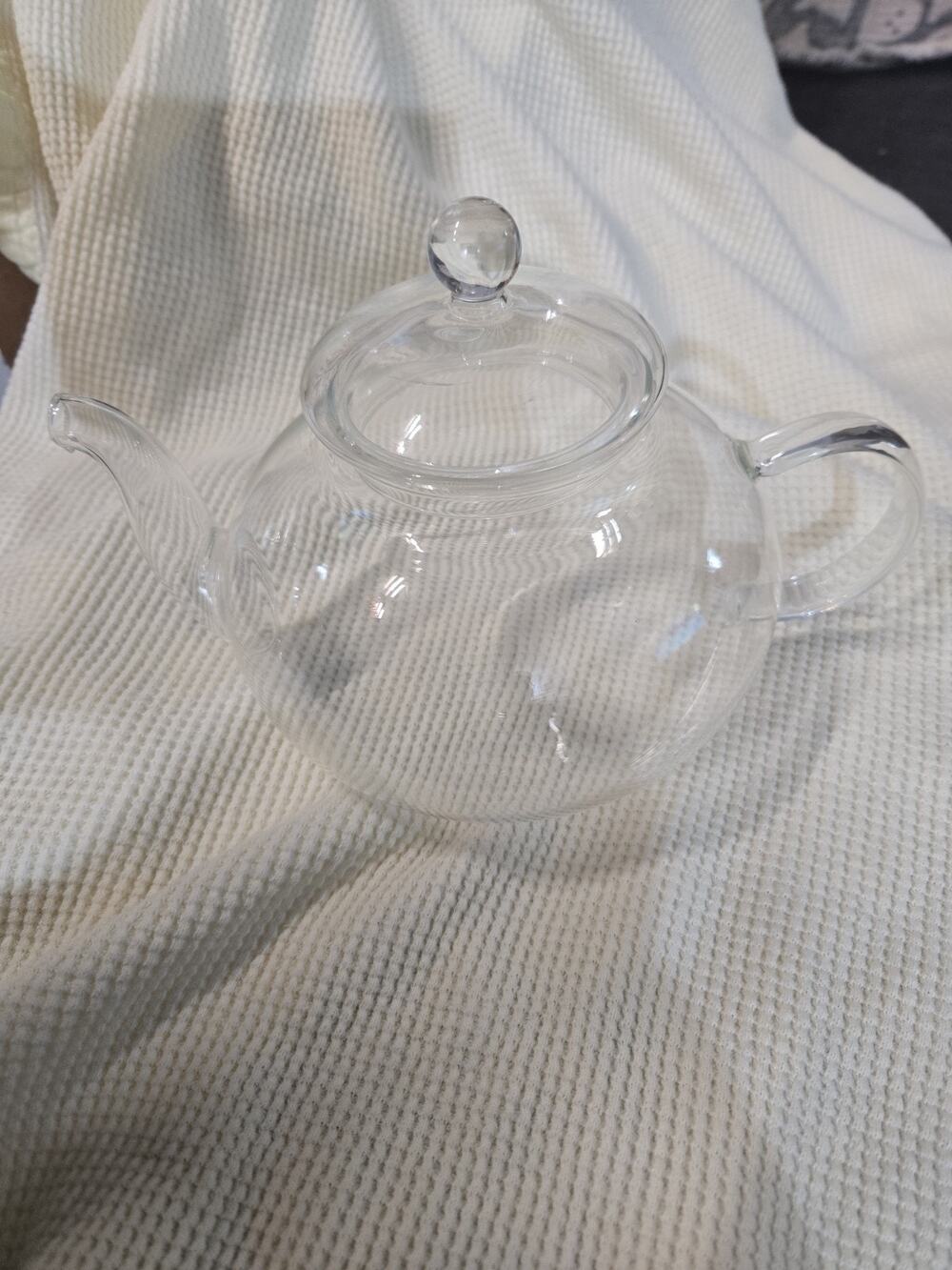 Hand Blown Clear Glass Teapot w Lid Fused Art Glass Modern Tea Server